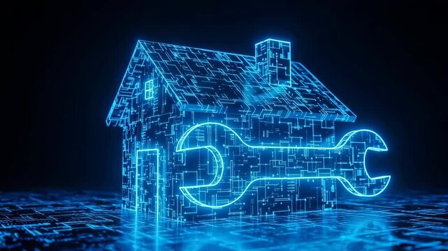 Neon-lit House Rendered In Circuit Board Design With Wrench Overlay Digital Home Repair Technology Set Against Dark Futuristic Background For Tech-related Themes