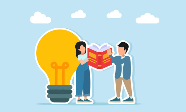 man and woman reading books near lamp illustration of learning how to generate and implement relevant ideas effectively
