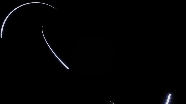 Glowing white light trails sweeping in arcs across a black background