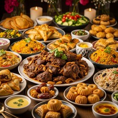 Obraz premium Abundant Middle Eastern Feast Spread with Lamb, Rice, and Desserts.