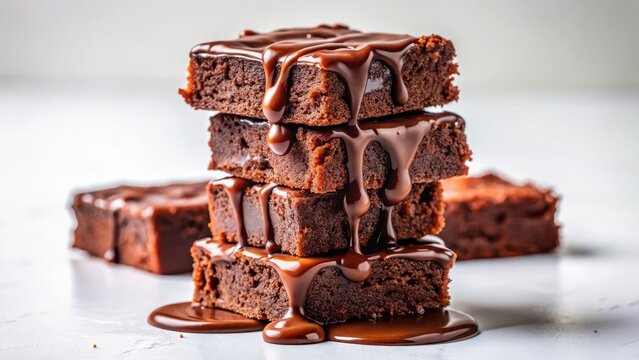 A photo of stacked chocolate brownies with decadent chocolate sauce drizzle on a white background