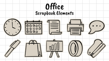 office scrapbook collage style, stationery supplies, workplace icons, business doodles, clock calendar printer, school elements, aesthetic junk journal torn paper © Ydzv Dsgn