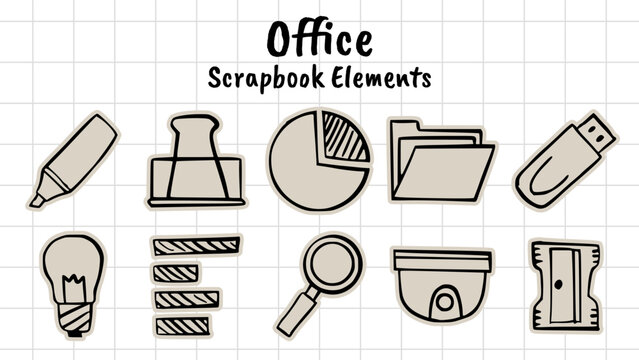 office scrapbook collage style, stationery supplies, business icons, workplace doodles, folder chart bulb, school elements, aesthetic junk journal torn paper