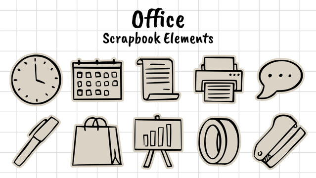 office scrapbook collage style, stationery supplies, workplace icons, business doodles, clock calendar printer, school elements, aesthetic junk journal torn paper