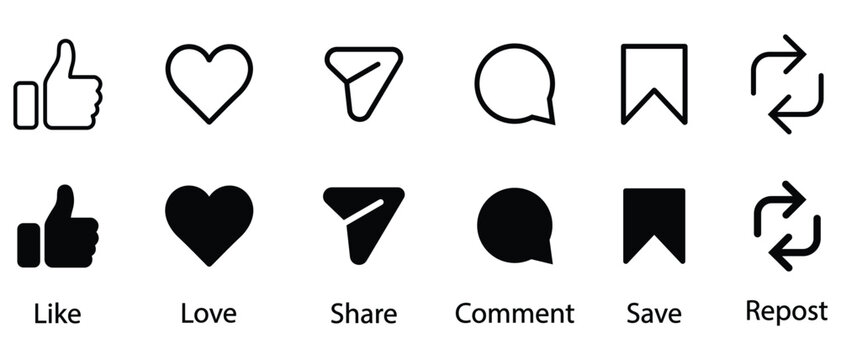 Reels React Buttons, like, love, comment, share, save, repost Icons. Social Media, Icon Set. React icon. Vector illustration.