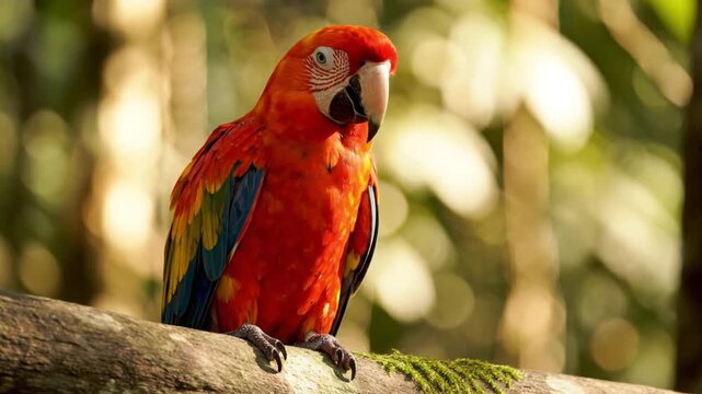 A vibrant red macaw perched on a tree branch in a lush forest, captured in a stunning video showcasing its natural beauty and colorful plumage.