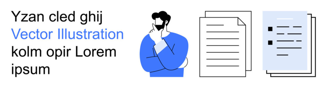 Decision making, data analysis, documentation, brainstorming, problem solving, productivity. A person thinking next to documents. Decision making and data analysis concepts