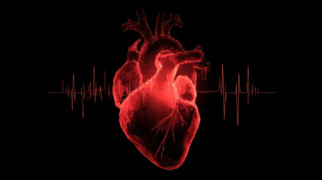 human heart shape with red cardio pulse line. Creative stylized red heart cardiogram with human heart on black background. Health, cardiology, cardiovascular diseases