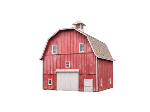 A classic vibrant red barn with white trim, a durable shingle roof, and prominent barn doors, perfectly isolated.