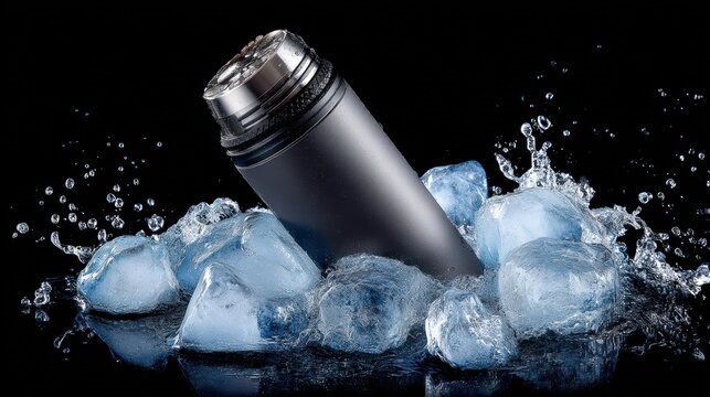 Matte Black Thermos Bottle Surrounded by Ice Cubes and Water Splashes