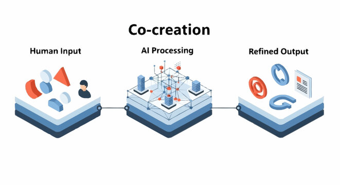 Infographic illustrating the co-creation process through human input, AI processing, and refined output.