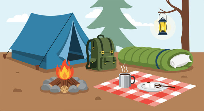 A campsite with a tent, sleeping bag, and campfire
