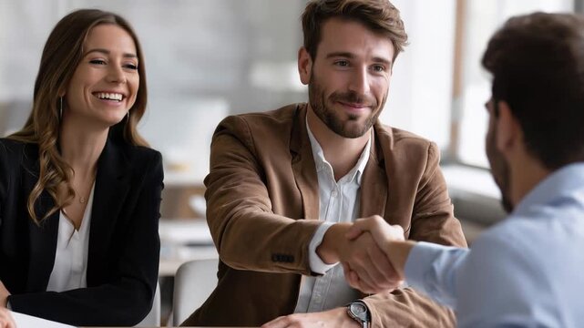 Clients express agreement in meeting room while shaking hands after successful negotiation on a business deal in the afternoon