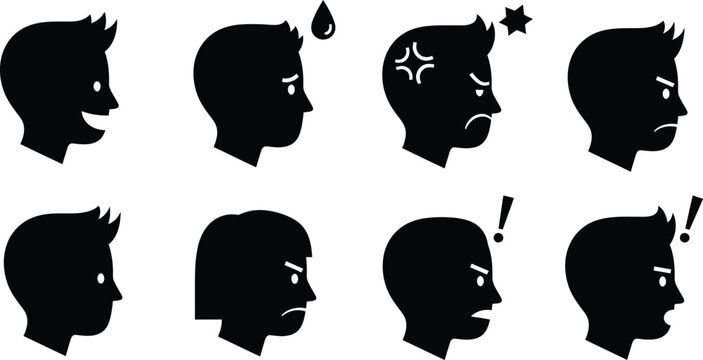 Angry Men Silhouettes with Emotions on White Background