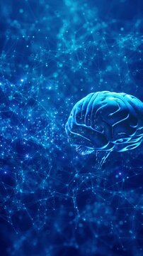 Futuristic Style HUD Anatomy Infographic Artificial intelligence AI brain render concept animation. Thinking neural network particle binary number code, machine learning data mining virtualization