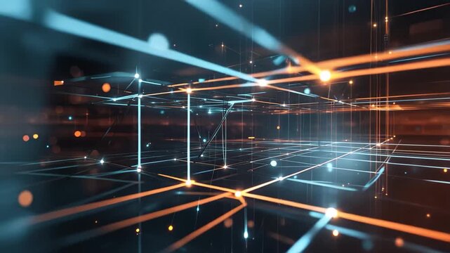 Futuristic digital grid animation transition with glowing lights in a dark background showcasing movement and depth in a virtual space