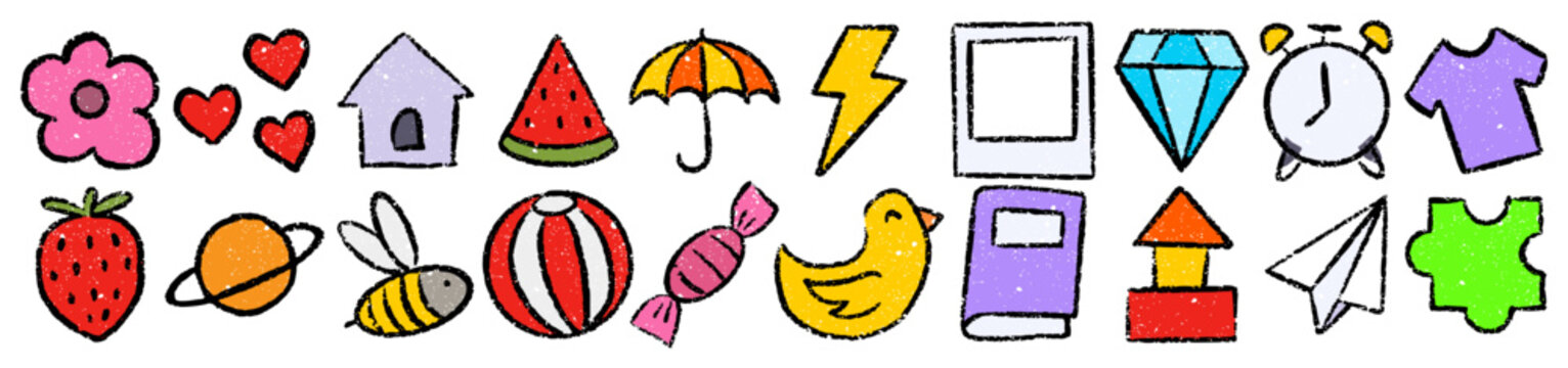 Cute random objects crayon wax doodle style, rough textured hand drawn, childhood stickers set, scrapbook elements, everyday icons, toy life illustrations