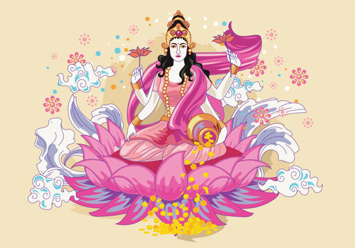 Goddess Lakshmi Lotus Festival Vector Illustration