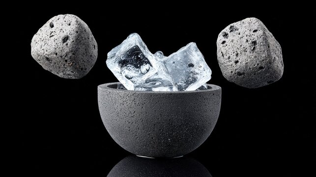 Ice cubes in a stone bowl with floating rocks on black background