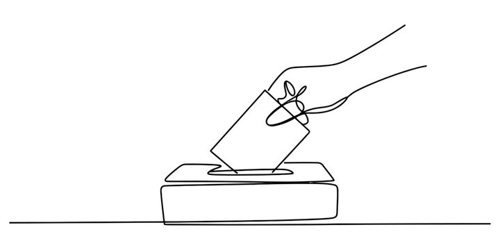 Continuous single line drawing of a hand putting a paper ballot into a voting box for election day concept in a simple minimalist style Vector, illustration