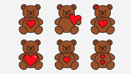 Fototapeta premium Set of Brown Cartoon Teddy Bears with Red Hearts in Different Poses Flat Vector Design