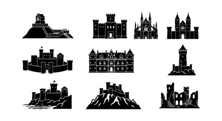 Castle Silhouette Icon Set Minimalist Black And White Vector Design Element © Shafayet