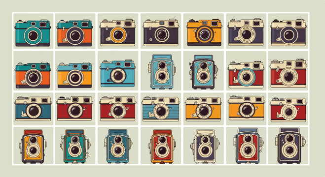 A collection of vintage cameras in various colors