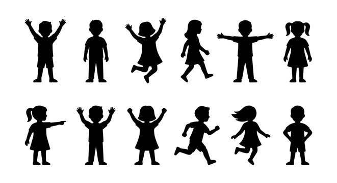 Active Children Silhouette Set - Happy Kids Jumping, Running, and Cheering Poses
