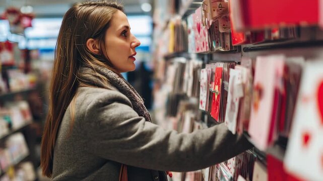 Woman examines a greeting card while standing in a store aisle filled with various cards during daylight hours in a retail space
