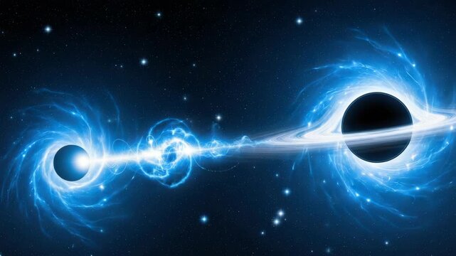 Two Celestial Objects Possibly Black Holes Interact In Deep Space Radiating Energy With Backdrop Of Starry Night Sky For Scientific Visualizations