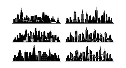 Obraz premium City Skyline Silhouette Set - Modern Skyscraper Horizons and Urban Landmark Icons 