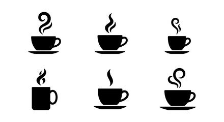 Obraz premium Hot Coffee Cup and Saucer Silhouette Set - Steaming Tea Cup Vector Icons 