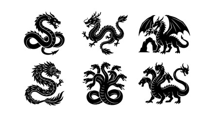 Dragon Silhouette Set Minimalist Black And White Vector Icon Pack © Nur