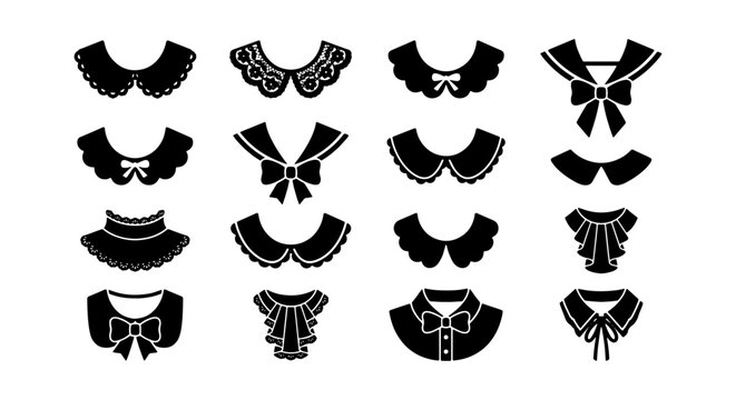Vintage Fashion Collar Silhouette Set - Decorative Lace, Peter Pan, and Sailor Style Neckline Icons
