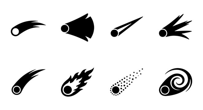 Comet and Meteor Silhouette Icon Set - Falling Star and Asteroid Vector Illustrations
