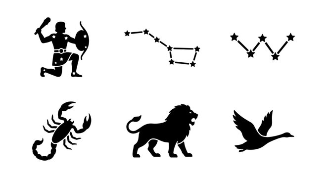 Night Sky Constellation Silhouette Set - Zodiac and Mythological Star Pattern Icons
