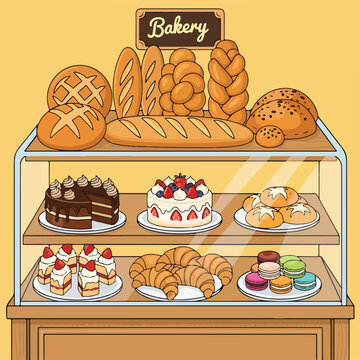 A bakery display case filled with assorted breads and pastries