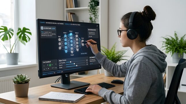 Focused student actively engaging with an AI e-learning platform, exploring complex machine learning models and data science concepts in a modern digital educational setting
