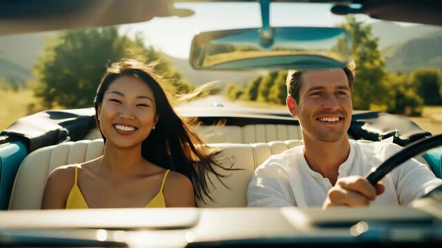 A young couple enjoys a sunny drive in a convertible car