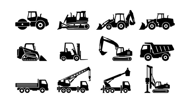 Heavy Construction Vehicles and Machinery Silhouette Set - Industrial Equipment Icons
