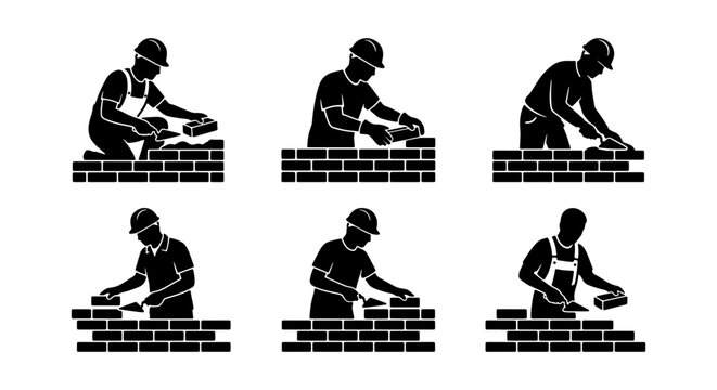 Bricklayer Construction Worker Silhouette Set - Masonry Building Wall Process Icons
