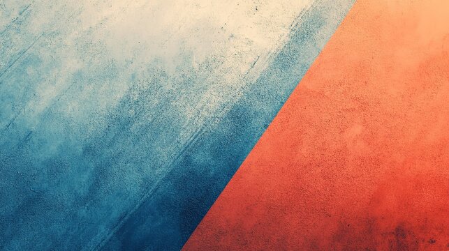 Abstract diagonal color divided background, warm soft orange upper right, wide muted light blue diagonal stripe from top left to bottom right, dark desaturated blue bottom left, uniform fine grain ret