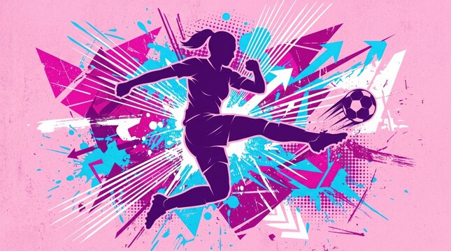 Energetic female soccer player silhouette kicking ball women sports empowerment graphic