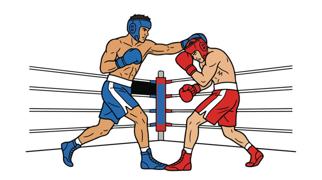 Vivid cartoon illustration of two boxers in a boxing ring exchanging punches during a tense match