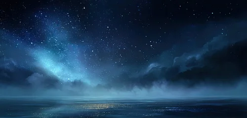 Fototapete Reflection Night sky with stars, galaxy, and clouds reflected on water. Beautiful and serene  © dimas