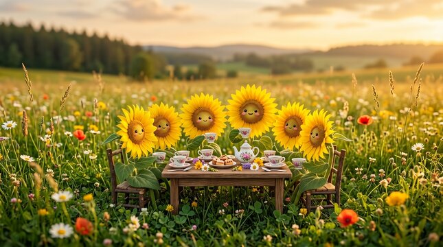 Whimsical sunflowers with cute happy faces having a tea party in meadow