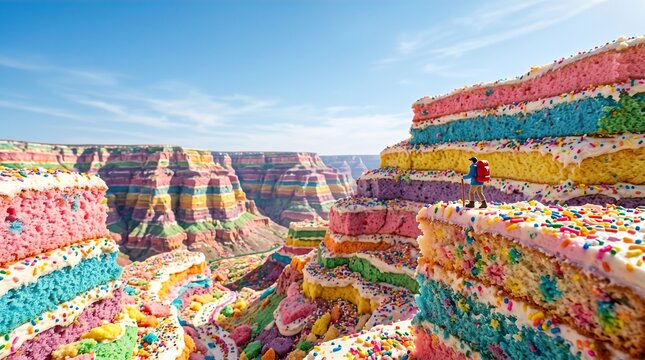 Surreal landscape of giant rainbow cake layers with miniature hiker explorer