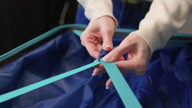 Closeup of suitcase strap fastening process. Interior view showing webbing and clasp securing bag. Detailed shot of hand fastening straps within suitcase during organized packing