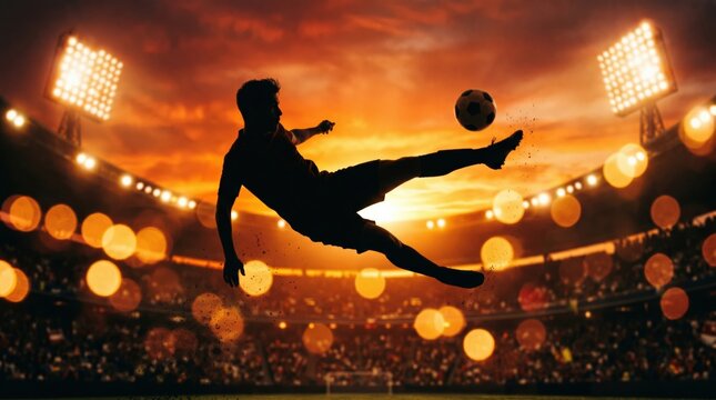 Professional male footballer performing a dramatic bicycle kick silhouette at sunset stadium