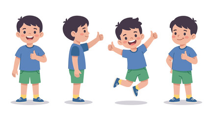 Boy Thumbs Up Color Vector Set – 4 Cute Positive Gesture Illustrations in Clean Grid © indriani